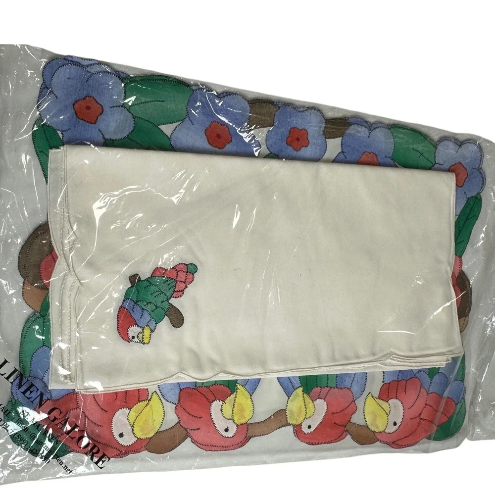 Vtg Linen Galore St Maarten Applique Parrot placemat & Napkins Set New Old Stock